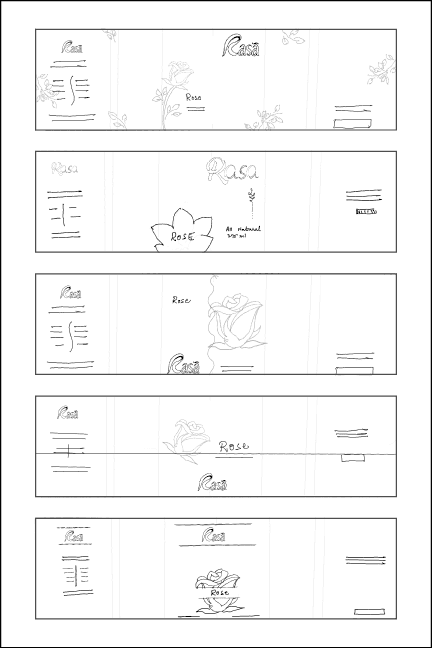 Early label thumbnail sketches exploring arches and frames